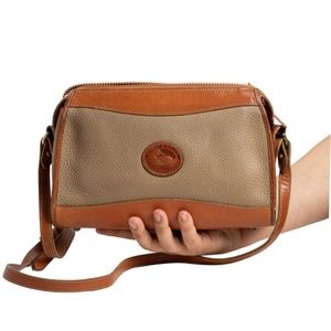 Vintage Dooney Bourke Crossbody R19 Pebbled Leather Bag 80s preppy rush gray tan